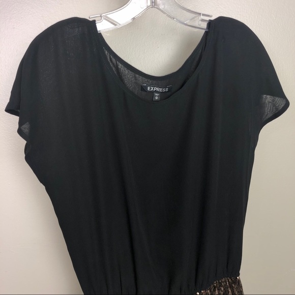 Express Y2K Blouson Mini Dress Black Drop Waist Copper Gold Sequin Skirt Size XS - Picture 8 of 8